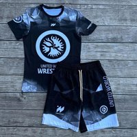 2026 New United World Wrestling Sports Set Men's Black White Graphic Rash Guard & Shorts Quick Drying MMA Training Combat Suit