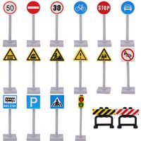 18 Sets MOC Straßenverkehr Bausteine Stadt Straßenverkehrszeichen Blöcke Spielzeug Klassisches Zeichen Warnbrett Ziegel Spielzeugteile