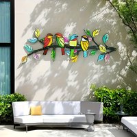 A Unique Piece of Metal Wall Art Featuring a Bird And Branches - Vibrant And Colorful Design, Patio, And Living Room Decor