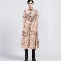 Fashionable Printed Boat Flower Midi Dress Short Sleeve Belt Casual Polyester Fiber A-Line Skirt Single Button City Commute