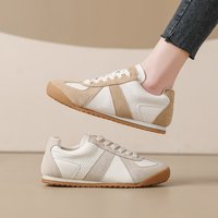 Lightweight Leather Casual Shoes Soft Bottom Versatile White Sneakers Cross Buckle round Toe Flat Heel Color Block Design