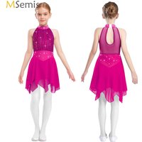 Kids Girls Figure Skating Dress Shiny Rhinestone Sheer Mesh Chiffon Tutu Ballroom Ballet Gymnastics Dance Costume Stage Clothing