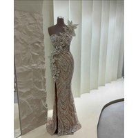 Luxury Champagne Mermaid Evening Dress Sequins With One Shoulder Lace Tassels Princess Full Sleeve Customized Vestidos De Novia