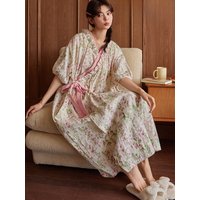Cloud Cotton Kimono Style Sleepwear Women's Sweet Short Sleeve Midi Dress Floral Print Robe with Belt Summer Home Clothes