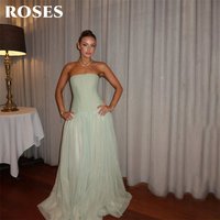 ROSES Light Green Strapless Tulle Evening Dress A Line Party Dresses Floor Length Prom Gown Tulle Flowy robes du soir Customized