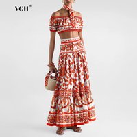 VGH Beach Vacations Print Two Piece Set for Women Off The Shoulder Crop Top Tiered Design Maxi Skirt Outfit for Stylish Occasion