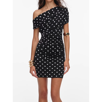 Spring 2026 Women Polka Dot Print Dress Diagonal Collar Short Sleeve High Waist Fashion Ladies Mini Robe