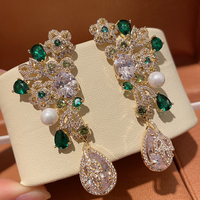 925 Silver Needle Luxury Emerald Pearl Flower Drop Earrings, Elegant Bridal Wedding Party Jewelry Gift for Women
