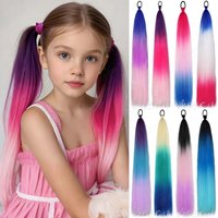 Synthetic 2Pcs Long Straight Ponytail Extension with Elastic Hair Tie Braiding Hair for Kids Girls Crazy Hair Day Brave Hair