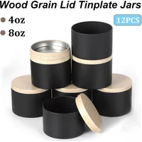 12PCS 4/8oz Black Can with Wood Grain Lids Reusable Refillable Jars Candle Making Tins Candle Containers Candy Storage Cans