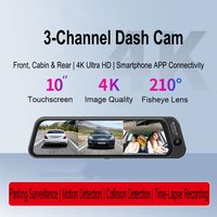 3-Linsen-Fisheye-Streaming-Dashcam 4K mit Volltouchscreen, App-Steuerung, 24-Stunden-Parkmodus, Bewegungsmelder, G-Sensor, Zeitraffer und Datenschutz-Aufnahme