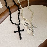 Gothic Punk Fashion Black Pearl Cross Pendant Necklace For Women Unisex Vintage Classic Charms Chain Couple Chain Accessory Gift