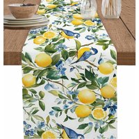 Lemon Tree Blue Birds Linen Table Runner Holiday Party Decor Vintage Watercolor Floral Fruit Table Runners Dresser Scarf Decor