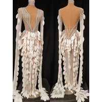 Sparkly rhinestone pearl White Plastic Feather Shape Split Trailing skirt Sexy Transparent Birthday Celebrate Photo Shoot Dress