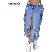 Stigende Women's High Split Ripped Denim Maxi Skirt with Multiple Pockets Distressed Lace Up Jeans Cargo Skirt Y2k