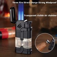 Cigar Gas Windproof Lighter, Cigarette Lighter, New Foreign Trade Three Straight Transparent Gas Box, High Quality