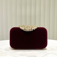 Ladies' Elegant Velvet Handbag Wedding Party Evenings Bag Women's Trendy Burgundy Matte Clutches for Party with Golden Frame