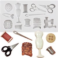 Sewing Tool Silicone Mold Scissors Button Sewing Fondant Cake Decorating Tools Cupcake Topper Candy Craft Gum Paste Polymer Clay