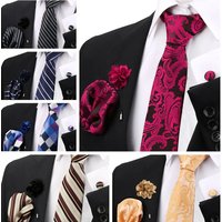 55 Styles Men Tie Sets 4 Pcs New Luxury Classic Stripe Pocket Square Cufflinks Brooch Paisley Floral Polka Dot Wedding Business