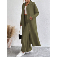 Women'S French Style Solid Color Casual Long Sleeve Shirt with Drop Shoulder, Loose Fit Lapel Collar,and Wide Leg Pants