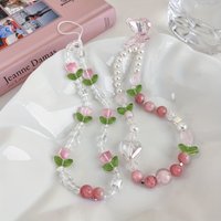 1pcs Peach Beaded Mobile Phone Charm Strap Hyu, Women Sweet Girls Jewelry, Pearl Cellphone Flower Lanyard for iPhone Keychain