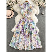 Elegant Hollow out Stand Collar Sleeveless Dress Women's mid Length Vintage Floral Skirt High Waist A-Line Summer D...