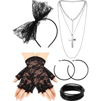 PESENAR 80er Jahre Kostümzubehör Spitze Stirnband Ohrringe Netzhandschuhe Halskette Armband für 80er Retro Party