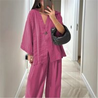 Women'S Classic Solid Wide Leg Pants Suits Summer Fashion V Neck One Button Loose Blouse Sets Casual Female Daily Streetwear2026