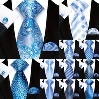 Luxury 3Pcs Sky Blue Lake Blue Men Tie Hanky Cufflinks Set Jacquard 8cm Necktie for Male Wedding Business Party Accessories Gift