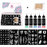 Hena Temporary Tattoo Kit 10ml X 5 Bottles - 5 Colors Unisex Tattoo Supplies Full Set with 5 Stencil Designs for Women Men