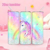 1pc 20oz straw water bottle, insulated stainless steel water cup with a rainbow unicorn dreamy background pattern.