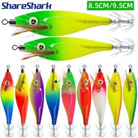 ShareShark 8.5/9.5cm Luminous Horizontal Jig Wood Shrimp Squid Hook 5pcs Fishing Lures Octopus Cuttlefish Shrimp Saltwater Baits