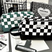 1Pcs Classic Checkerboard Pen Bag Large Capacity Student Checker Storage Bag Portable Multifunction Stationery Storage Bag