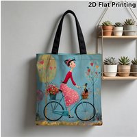 AliExpress HEARMNY 1pc Elegant Woman Riding Bicycle Tote Bag Reusable Foldable Grocery Bag for Travel Beach Commute Shopping Pouch Women Daily Use