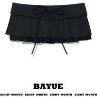 Black Lace Trim Splice Butt Curtain Layered High Waist Skirt Curtain Belted Short Pleated Half Body Skirt