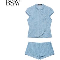 BSAY Summer New Chinese Style Striped Double-Breasted Blouse And Mini Shorts Set Retro Slim Fit 2-Piece Summer Outfit For Women