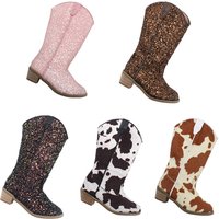 Girls Knee High Riding Boots Baby Toddler Little/Big Kids Glitter Cowboy Cowgirl Autumn Winter Zipper Low Heel Pumps Sequin Shoe