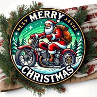 Santa Claus on Motorcycle Aluminum Tin Sign - 8x8 Inch Round Aluminum Wall Decor for Indoor/Outdoor, Farm, Restaurant, Garden