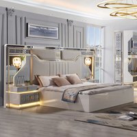 &Queen Size Beds Full Furniture Cabinet Wooden King Sets Modern Velvet Cover Headback Room Bedroom Set