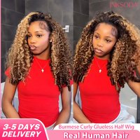 36 Inch P4/27 Burmese Curly Half Wig Human Hair Ready To Wear 3 IN 1 Glueless Wig With Drawstring Seamless Clip Ins Flip Over