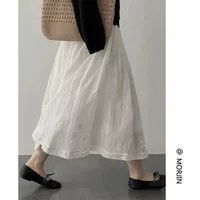 New Summer Casual Skirt Women French Floral Embroidered Cotton Linen A-Line Elegant White Midi Skirts Loose Folds Boho Jupe