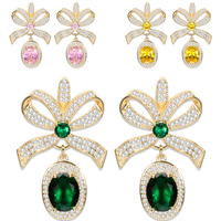 New yellow and pink green crystal earrings, long-style vintage zircon silver stud earrings
