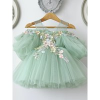 Custom Flower Girl Dress Wedding Dress Birthday Party Dress Puff Sleeve Tulle Princess Dress with 3D Floral Embroidery for Kids