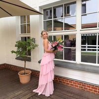 Women Ruffles Layered Dresses Summer Female Elegant Chiffon Backless Sleeveless Fluffy Long Dress Solid Color Lady Beach Robes