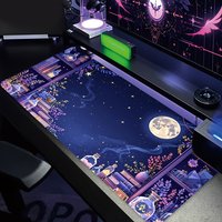 Magical purple bookshelf and Full moon Large Mouse Pad Desk Mat gaming pads Non-Slip Stitched Edge table mats mauspad office rug