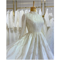 Luxury Beads Sequined Wedding Dresses Chic White High Collar A-Line Gowns Long Sleeves Draped Sweep Train Bridal Dresses
