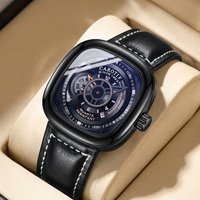 1pcs Unique Transparent Dial Square Watch with Leather Strap, Fashionable and Trendy for Men and Women