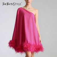 TWOTWINSTYLE Solid Loose Spliced Feathers Fashion Mini Dress for Women Diagonal Collar One Shoulder Minimalist Dresses Female