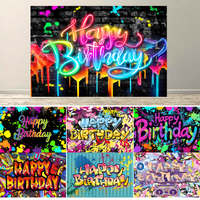 Happy Birthday Neon Graffiti Banner. Polyester Party Photography Background Suitable For Photo Booth Hip Hop Theme Decoration