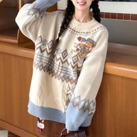 Sweet Cartoon Embroidery Sweater Women Kawaii Print Loose Casual Lazy Wind Pullovers Long Sleeve O Neck Jacquard Chic Jumpers